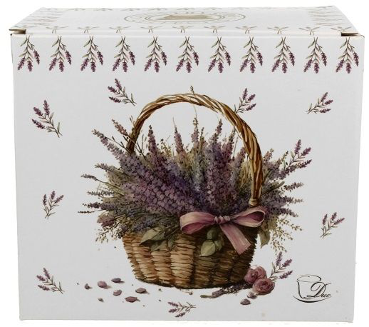 Ozdobne pudełko z motywem kosza pełnego kwiatów lawendy i fioletowych gałązek.