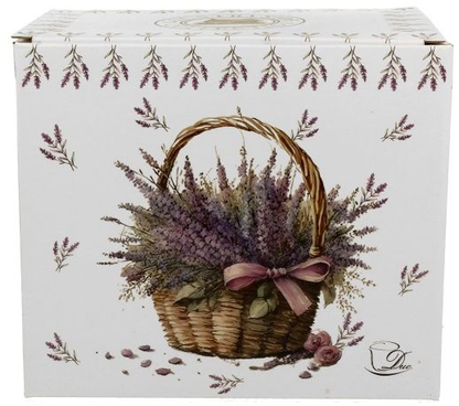 Ozdobne pudełko z motywem kosza pełnego kwiatów lawendy i fioletowych gałązek.