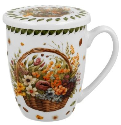 Kubek porcelanowy Kwiaty Polne 360 ml z pokrywką, ozdobiony koszem pełnym kwiatów.
