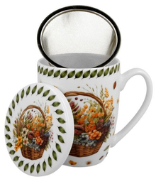 Kubek Kwiaty Polne 360 ml z metalowym zaparzaczem i porcelanową pokrywką.