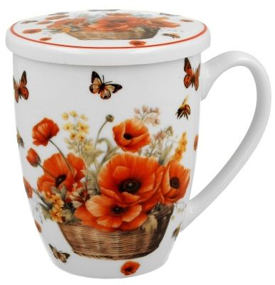 Kubek z motywem maków i motyli, 360 ml, z metalowym zaparzaczem i porcelanową przykrywką.