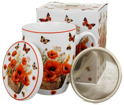 Kubek z zaparzaczem Kosz Kwiatów Maki 360 ml, porcelana New Bone China, czerwone kwiaty i motyle.