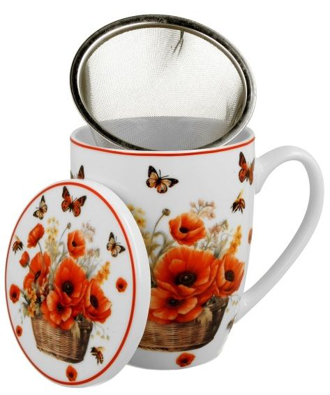 Porcelanowy kubek Maki 360 ml z pokrywką i zaparzaczem, elegancki wzór kwiatowy.