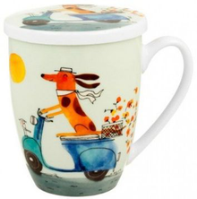 Kubek porcelanowy z zaparzaczem Psi Świat Pies na Skuterze 360 ml, wesoły wzór.