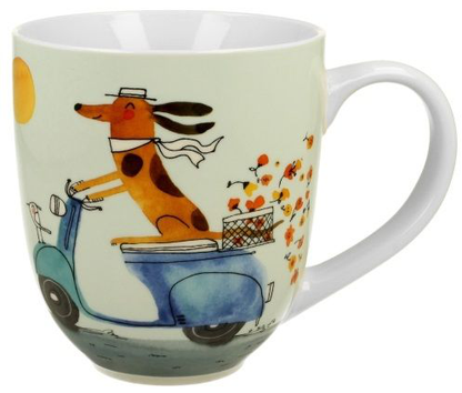 Kubek porcelanowy Psi Świat 1000 ml z grafiką psa jadącego na niebieskim skuterze.