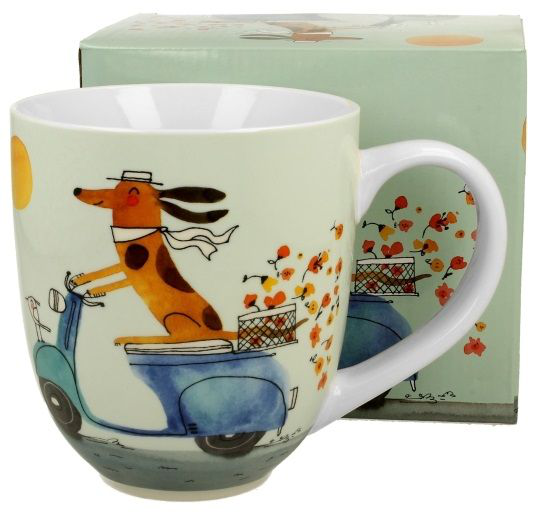 Komplet: kubek porcelanowy 1000 ml z psem na skuterze i ozdobnym pudełkiem.