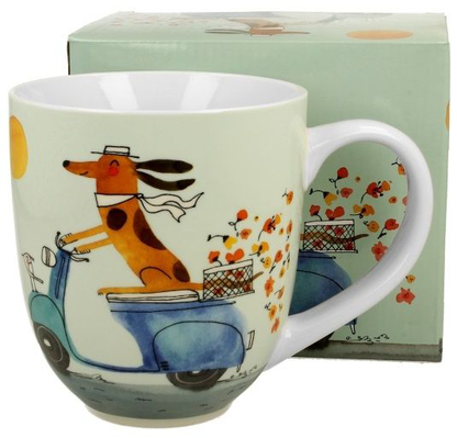 Komplet: kubek porcelanowy 1000 ml z psem na skuterze i ozdobnym pudełkiem.