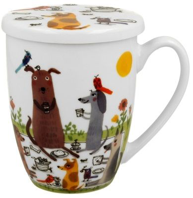 Kubek z porcelany New Bone China z motywem psiego pikniku, przykrywka w zestawie.