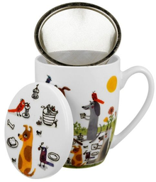 Porcelanowy kubek Psi Piknik z przykrywką i zaparzaczem, kolorowy motyw psów.