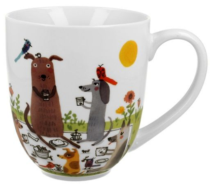 Porcelanowy kubek XXL Psi Świat z grafiką psów bawiących się na pikniku.