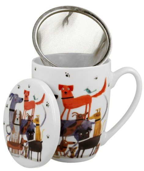 Kubek porcelanowy Psi Świat 360 ml z zaparzaczem i kolorowym wzorem psów.