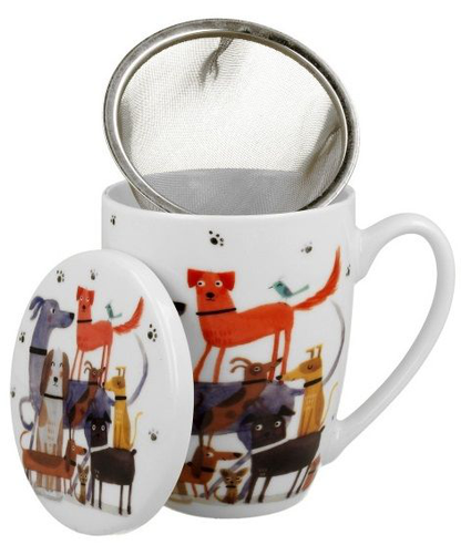 Kubek porcelanowy Psi Świat 360 ml z zaparzaczem i kolorowym wzorem psów.