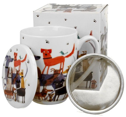 Zestaw kubek porcelanowy z zaparzaczem Psi Świat w ozdobnym pudełku.