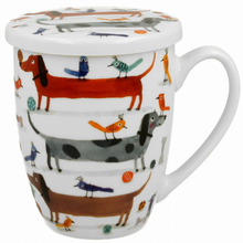 Kubek porcelanowy Długie Psy 360 ml z pokrywką, idealny na herbatę liściastą i prezent.