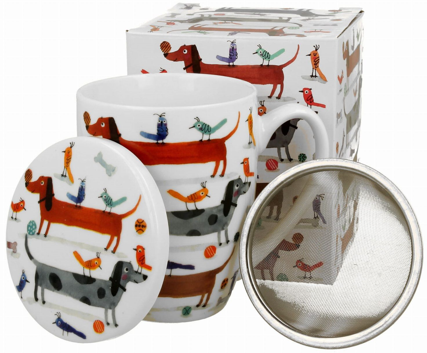 Kubek porcelanowy z zaparzaczem Długie Psy 360 ml, porcelana New Bone China, kolorowy wzór psów i ptaków.