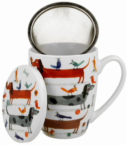 Kubek Długie Psy 360 ml z metalowym zaparzaczem i porcelanową pokrywką, New Bone China.