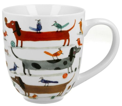 Kubek porcelanowy 1000 ml z ilustracją długich psów i ptaków – widok z przodu.