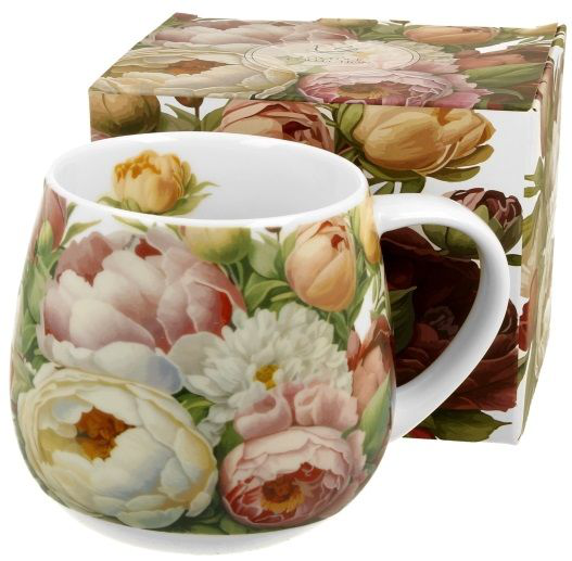 Porcelanowy kubek baryłka Piwonie z kolorowym wzorem kwiatów w pastelowych odcieniach