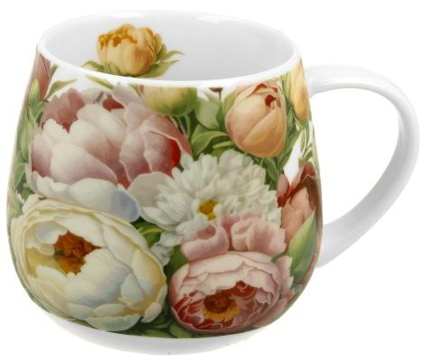 Kubek Piwonie o baryłkowatym kształcie z elegancką kwiatową dekoracją