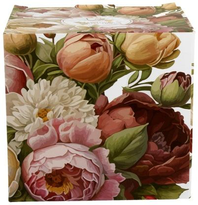 Ozdobne pudełko z motywem kwitnących piwonii do kubka baryłka z zaparzaczem.