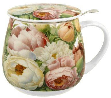 Kubek porcelanowy baryłka Piwonie 430 ml z porcelanową pokrywką w kwiatowy wzór.