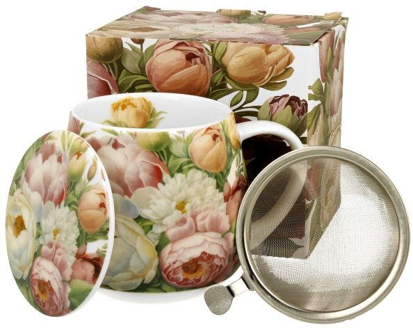 Zestaw kubka baryłka z zaparzaczem i pudełkiem Piwonie 430 ml, kwiatowy design.