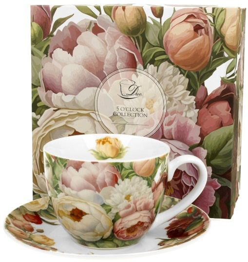 Filiżanka porcelanowa Piwonie ustawiona obok dopasowanego pudełka prezentowego.