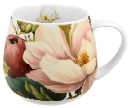 Kubek porcelanowy Baryłka Magnolie – 430 ml ozdobiony dużym różowym kwiatem magnolii, widok z boku.