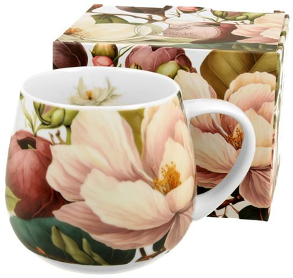 Kubek porcelanowy Baryłka Magnolie – 430 ml z motywem magnolii w odcieniach różu i zieleni, ustawiony przed dopasowanym pudełkiem.
