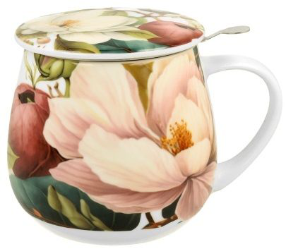 Kubek baryłka Magnolie 430 ml porcelanowy z kwiatowym wzorem i przykrywką.