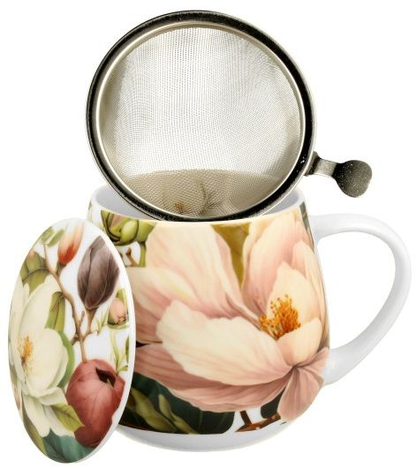 Kubek baryłka Magnolie 430 ml z zaparzaczem i przykrywką – elegancka porcelana.