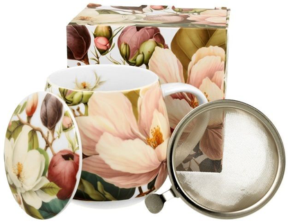 Zestaw kubek baryłka Magnolie 430 ml z zaparzaczem, przykrywką i pudełkiem.