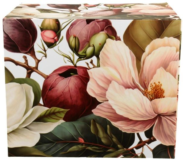 Ozdobne pudełko porcelanowego kubka XXL z motywem magnolii w odcieniach różu i bieli.