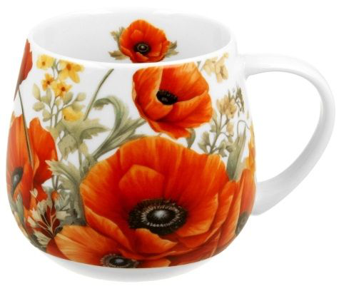 Kubek porcelanowy baryłka Maki 430 ml ozdobiony czerwonymi makami i żółtymi kwiatami.