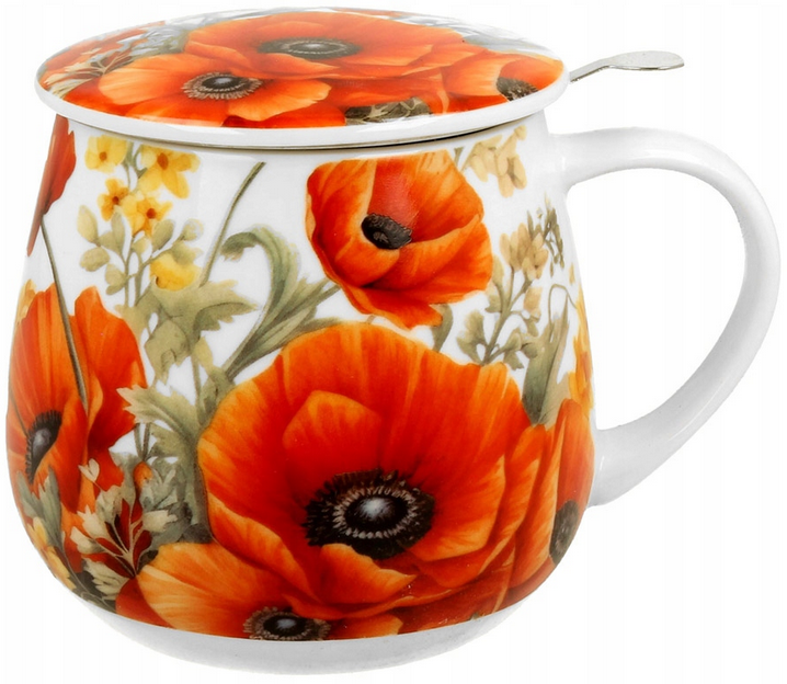 Kubek baryłka Maki z porcelanową pokrywką, motyw maków