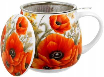 Kubek porcelanowy Maki z zaparzaczem i otwartą pokrywką, wzór czerwonych kwiatów