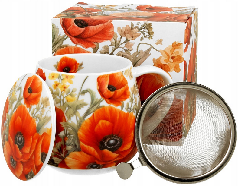 Zestaw kubek porcelanowy Maki z zaparzaczem, pokrywką i pudełkiem