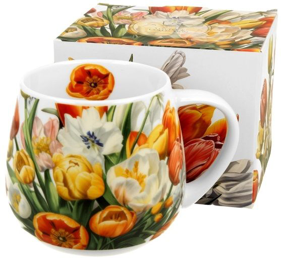 Kubek porcelanowy baryłka Tulipany 430 ml ustawiony obok dopasowanego pudełka prezentowego z tym samym kwiatowym wzorem.