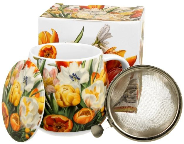 Zaparzacz stalowy i kubek Tulipany z pokrywką ozdobioną tulipanami
