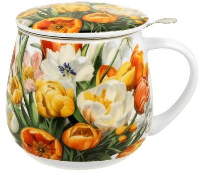 Kubek Tulipany z pokrywką prezentujący kolorowy motyw kwiatów
