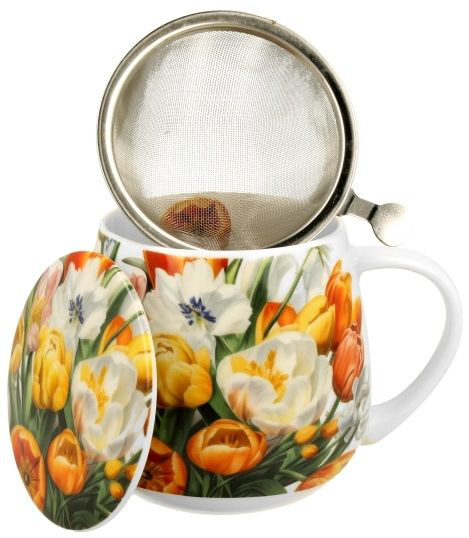 Kubek baryłka Tulipany z zaparzaczem i pokrywką w kwiatowy wzór
