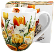Komplet: kubek porcelanowy XXL Tulipany 1000 ml oraz ozdobne pudełko w kwiatowy wzór.
