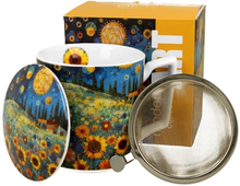 Porcelanowy kubek Modern Sunflower Field z zaparzaczem i artystycznym motywem słoneczników