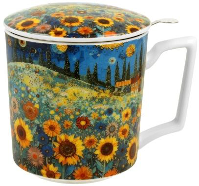 Kubek porcelanowy Modern Sunflower Field z pokrywką i wzorem słoneczników na tle krajobrazu