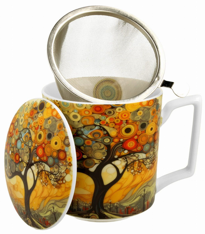 Kubek porcelanowy Modern Tree 450 ml z zaparzaczem i pokrywką.