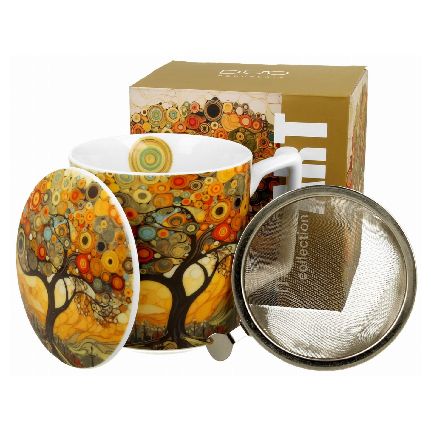 Zestaw kubka porcelanowego Modern Tree 450 ml z zaparzaczem, pokrywką i pudełkiem.