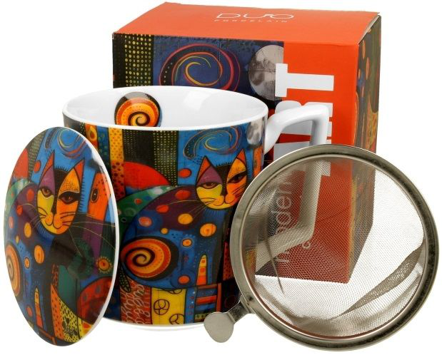 Kubek porcelanowy Modern Cat z zaparzaczem i kolorowym motywem kota w stylu modern art