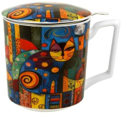 Kubek porcelanowy Modern Cat z pokrywką i artystycznym wzorem pełnym kolorów