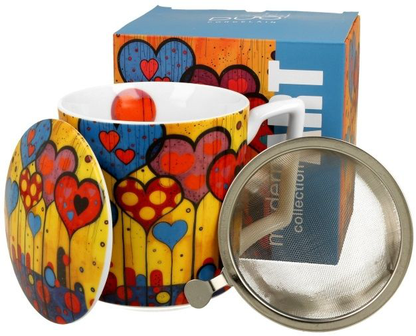 Kubek porcelanowy Modern Hearts z zaparzaczem i kolorowym motywem serc