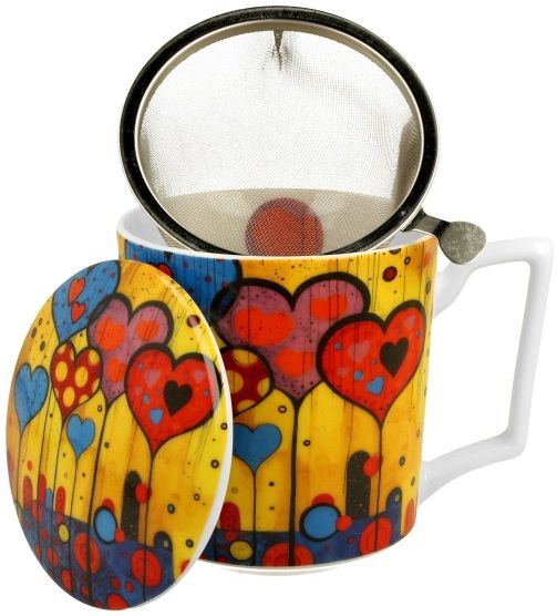 Kubek Modern Hearts z metalowym zaparzaczem i dekoracją pełną kolorowych serc